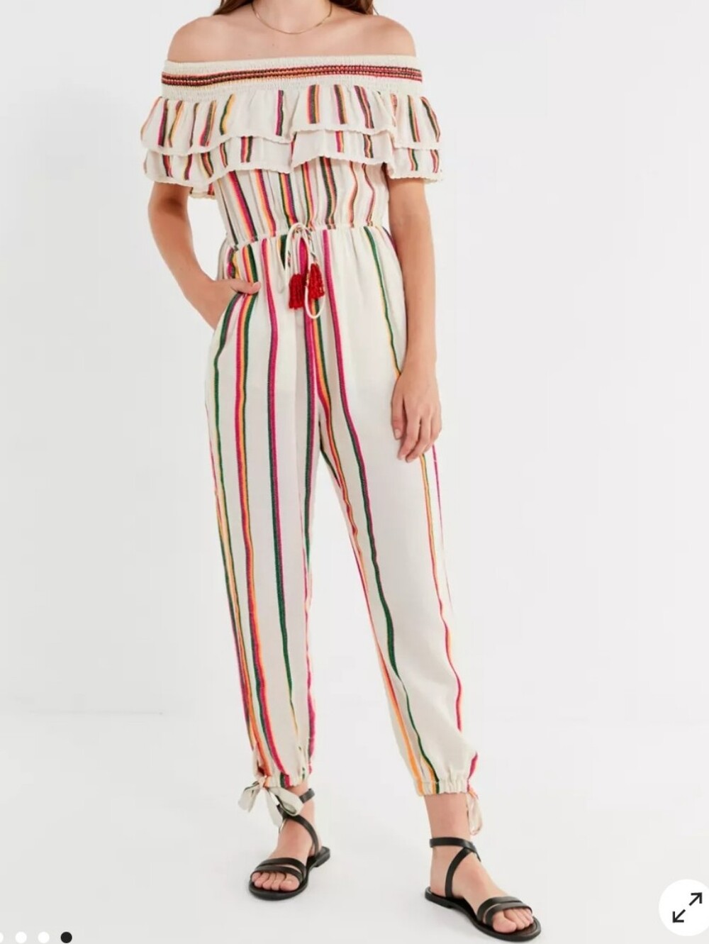 NWT! Cleobella, Rainbow Ruffle Off-The-Shoulder Jumpsuit, Size Small